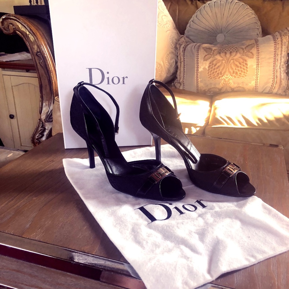 Dior Embossed Fabric & Leather Peep Toe Heels